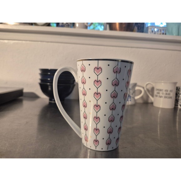 Me to We Mug White Pink Heart Pattern Tall Latte Cup We Change the World - Picture 3 of 7